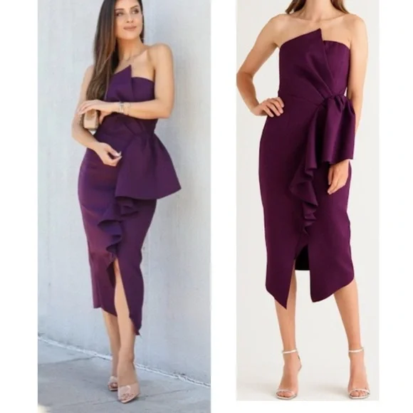 Elliatt Reception Cascade Ruffle Strapless Structured Cocktail Midi Dress Small - Picture 6 of 16